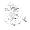 Beautiful little mermaid under an umbrella floating in the big fish. Royalty Free Stock Photo