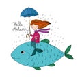 Beautiful little mermaid under an umbrella floating in the big fish. Royalty Free Stock Photo