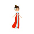 Beautiful little oriental princess in red dress vector Illustration on a white background