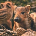 Beautiful little pigs wild in nature. Wild boar. Animal in the spring forest Royalty Free Stock Photo