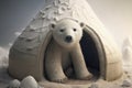 Beautiful little polar bear cub inside an igloo in the snow