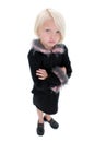 Beautiful Little Pouting Girl In Black Suit With Pink Feathers Royalty Free Stock Photo