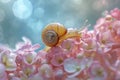 Beautiful little snail sleeps on a flower in spring. Royalty Free Stock Photo