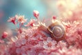 Beautiful little snail sleeps on a flower in spring. Royalty Free Stock Photo