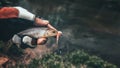Beautiful little trout in angler& x27;s hand Royalty Free Stock Photo