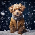 A beautiful little Yorkshire terrier running outside in the snow in a jacket. Generative AI Royalty Free Stock Photo