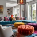 Beautiful living room with colorful seating. AI Generated Royalty Free Stock Photo