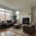 Beautiful living room with hardwood floors, fireplace and couch in new luxury home