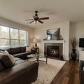 Beautiful living room with hardwood floors, fireplace and couch in new luxury home