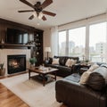 Beautiful living room with hardwood floors, fireplace and couch in new luxury home Royalty Free Stock Photo