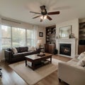 Beautiful living room with hardwood floors, fireplace and couch in new luxury home