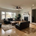 Beautiful living room interior with hardwood floors and fireplace in new luxury home Has view of kitchen hallway and loft area Royalty Free Stock Photo