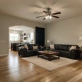 Beautiful living room interior with hardwood floors and fireplace in new luxury home Has view of kitchen hallway and loft area Royalty Free Stock Photo