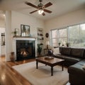 Beautiful living room interior with hardwood floors and fireplace in new luxury home Has view of kitchen hallway and loft area Royalty Free Stock Photo