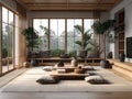 A beautiful living room with a Japanese flair. The room is decorated with natural materials and features a tatami mat floor