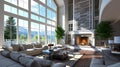 Beautiful Living Room in New Luxury Home with Fireplace and Roaring Fire. Large Bank of Windows Hints at Exterior View