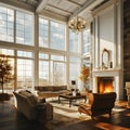 Beautiful Living Room in New Luxury Home with Fireplace and Roaring Fire. Large Bank of Windows Hints at Exterior View