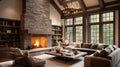 Beautiful living room in new traditional luxury home. Features stone accents, vaulted ceilings, and fireplace. Generative AI Royalty Free Stock Photo