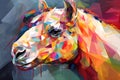 A beautiful llama, modern artwork, abstract colorful painting with geometric shapes. Hand drawn digital painting. Generative AI