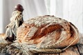 Beautiful loaves of bread on a leaven of white wheat on a plate on the edge of the canvas. Homemade cakes, handmade. Close up Royalty Free Stock Photo