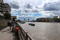 Beautiful London city Thames river waterfront, with view on some of the most known british landmarks such as Tower Bridge in the Royalty Free Stock Photo