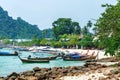Beautiful Long beach with long tail boat, Phi Phi island, Thailand. Royalty Free Stock Photo