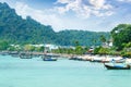 Beautiful Long beach with long tail boat, Phi Phi island, Thailand. Royalty Free Stock Photo