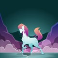 Beautiful Long Hair Horse Mare Standing in Foggy Valley Night Fantasy Illustration