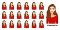 Beautiful long hair lady in red shirt with different facial expressions set vector