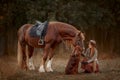 Beautiful long-haired blonde young woman in English style with red draft horse, Irish setter dog