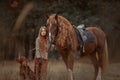 Beautiful long-haired blonde young woman in English style with red draft horse, Irish setter dog