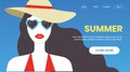 Beautiful long-haired girl portrait in sunglasses and hat on blue background. Beach fashion flat illustration for web Royalty Free Stock Photo