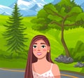 Beautiful long-haired girl smiling at background of mountains, green hill, road, tree, fir-tree Royalty Free Stock Photo