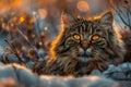 Beautiful Long haired Tabby Cat with Piercing Yellow Eyes Peeking through Snowy Winter Vegetation at Sunset