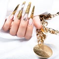 Beautiful long nails in a gold design with