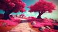 a beautiful long road into a calm place, red trees, ai generated image
