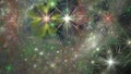 Beautiful loopable fractal video with detailed interchanging, moving and rotating green,pink,red and blue flowers and stars