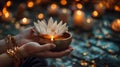 Beautiful lotus flower in female hands. Concept of relaxation, yoga,meditation, silence and calmness. Hand holding a lotus flower Royalty Free Stock Photo