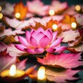 A beautiful lotus flower is illuminated by a candle on a dark background. Vector illustration. Royalty Free Stock Photo