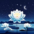 Beautiful lotus flower and moon in the night. Vector illustration. AI generated Royalty Free Stock Photo