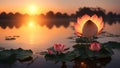 beautiful lotus flowers in the lake over sunset sky. Royalty Free Stock Photo