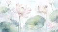 Beautiful lotus flowers in watercolor style, vector illustration. Lotus seamless pattern, green leaves. Royalty Free Stock Photo