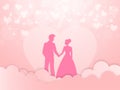 Beautiful Love Greeting Card Design, Silhouette of Romantic Couple Character on Pink Cut Cloudy and Hearts Background