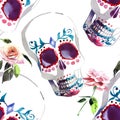 Beautiful lovely graphic artistic abstract bright cute halloween stylish floral skull with tender roses watercolor hand sketch Royalty Free Stock Photo