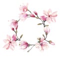 Beautiful lovely tender herbal wonderful floral summer wreath of a pink Japanese magnolia flowers watercolor Royalty Free Stock Photo