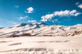 Beautiful low angle shot of a breathtaking mountainous scenery covered in snow in Andes Cordillera