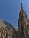 Beautiful low angle view of the tower of church St. Stephen\'s Cathedral in the historic center of Vienna, Austria. Royalty Free Stock Photo