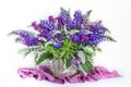 A bouquet of colorful lupins in a basket on a white background . Royalty Free Stock Photo