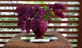 Beautiful lush bouquet of beautiful lilacs in a porcelain vase on a round wicker table Royalty Free Stock Photo