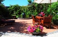 Beautiful summertime Mediterranean style courtyard garden setting.